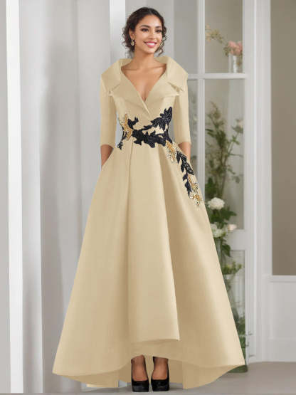 V-Neck A-Line Princess Floor-Length Mother of the Bride Dress with 3/4 Sleeves Appliques and Beading