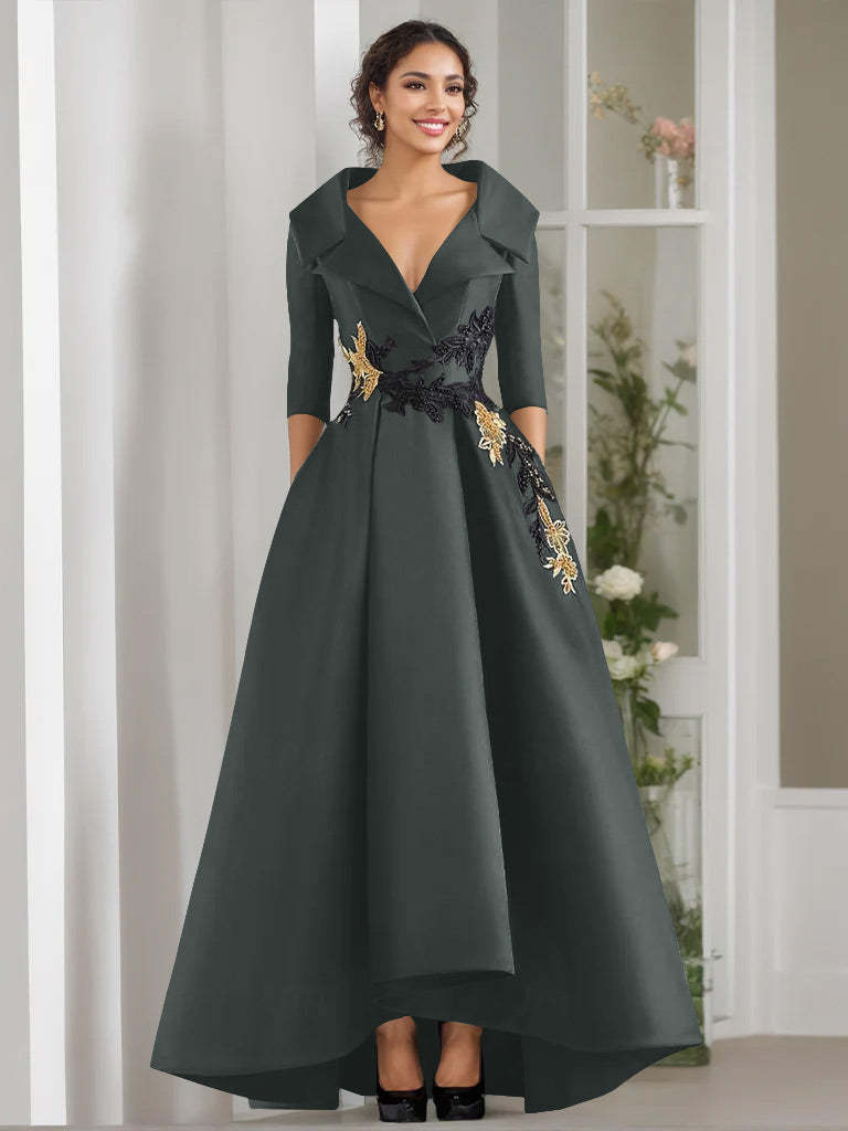 V-Neck A-Line Princess Floor-Length Mother of the Bride Dress with 3/4 Sleeves Appliques and Beading