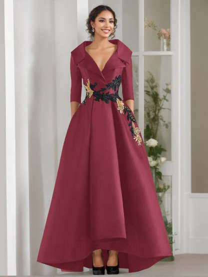 V-Neck A-Line Princess Floor-Length Mother of the Bride Dress with 3/4 Sleeves Appliques and Beading