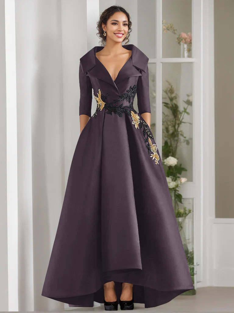 V-Neck A-Line Princess Floor-Length Mother of the Bride Dress with 3/4 Sleeves Appliques and Beading