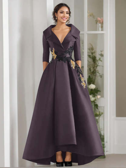 V-Neck A-Line Princess Floor-Length Mother of the Bride Dress with 3/4 Sleeves Appliques and Beading