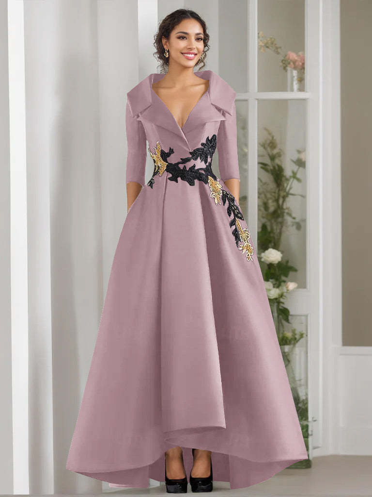 V-Neck A-Line Princess Floor-Length Mother of the Bride Dress with 3/4 Sleeves Appliques and Beading