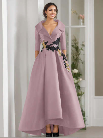 V-Neck A-Line Princess Floor-Length Mother of the Bride Dress with 3/4 Sleeves Appliques and Beading