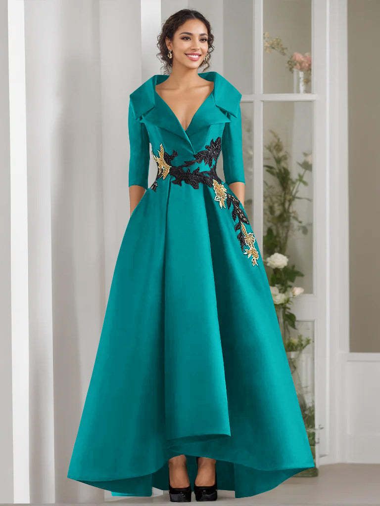 V-Neck A-Line Princess Floor-Length Mother of the Bride Dress with 3/4 Sleeves Appliques and Beading
