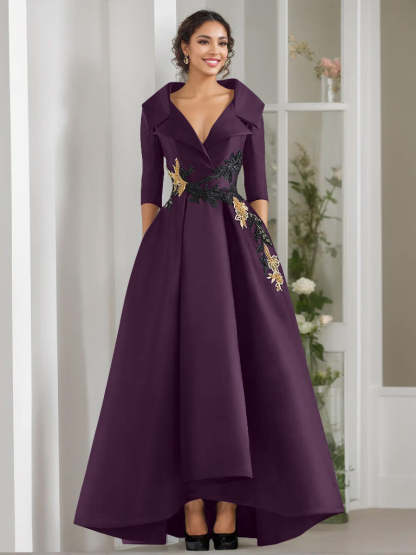 V-Neck A-Line Princess Floor-Length Mother of the Bride Dress with 3/4 Sleeves Appliques and Beading