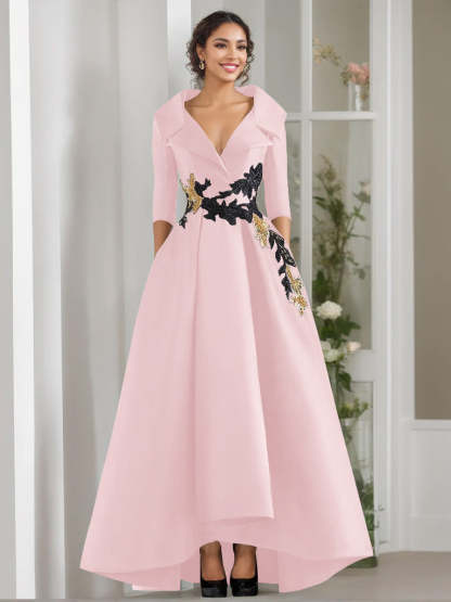 V-Neck A-Line Princess Floor-Length Mother of the Bride Dress with 3/4 Sleeves Appliques and Beading