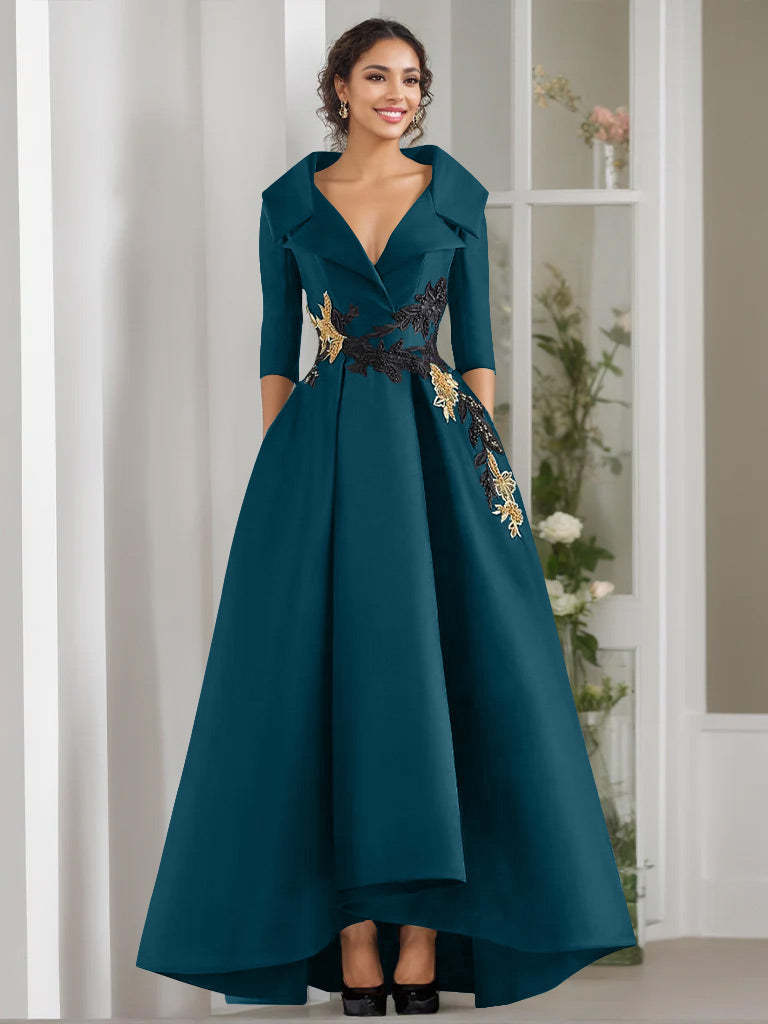 V-Neck A-Line Princess Floor-Length Mother of the Bride Dress with 3/4 Sleeves Appliques and Beading