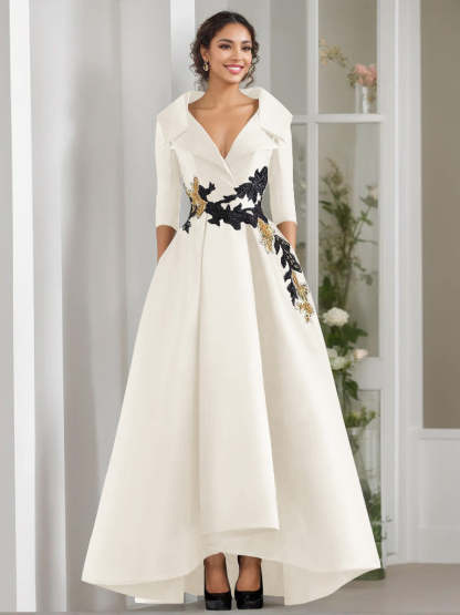 V-Neck A-Line Princess Floor-Length Mother of the Bride Dress with 3/4 Sleeves Appliques and Beading