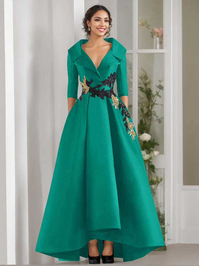 V-Neck A-Line Princess Floor-Length Mother of the Bride Dress with 3/4 Sleeves Appliques and Beading