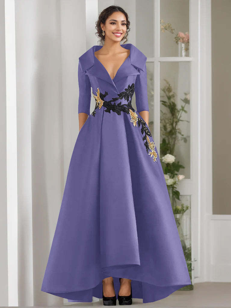 V-Neck A-Line Princess Floor-Length Mother of the Bride Dress with 3/4 Sleeves Appliques and Beading