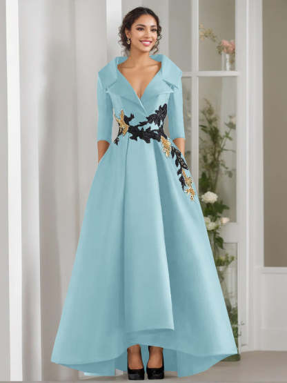 V-Neck A-Line Princess Floor-Length Mother of the Bride Dress with 3/4 Sleeves Appliques and Beading
