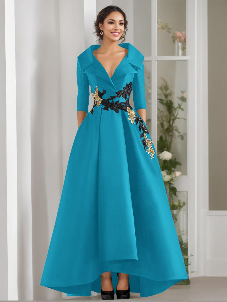 V-Neck A-Line Princess Floor-Length Mother of the Bride Dress with 3/4 Sleeves Appliques and Beading