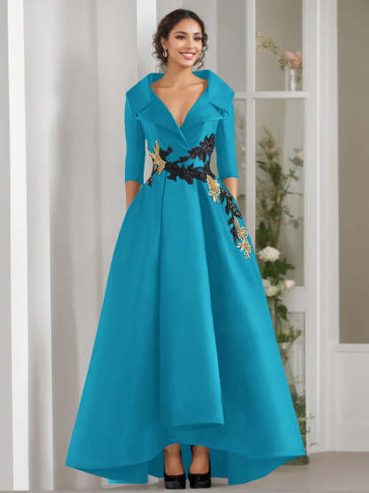 V-Neck A-Line Princess Floor-Length Mother of the Bride Dress with 3/4 Sleeves Appliques and Beading