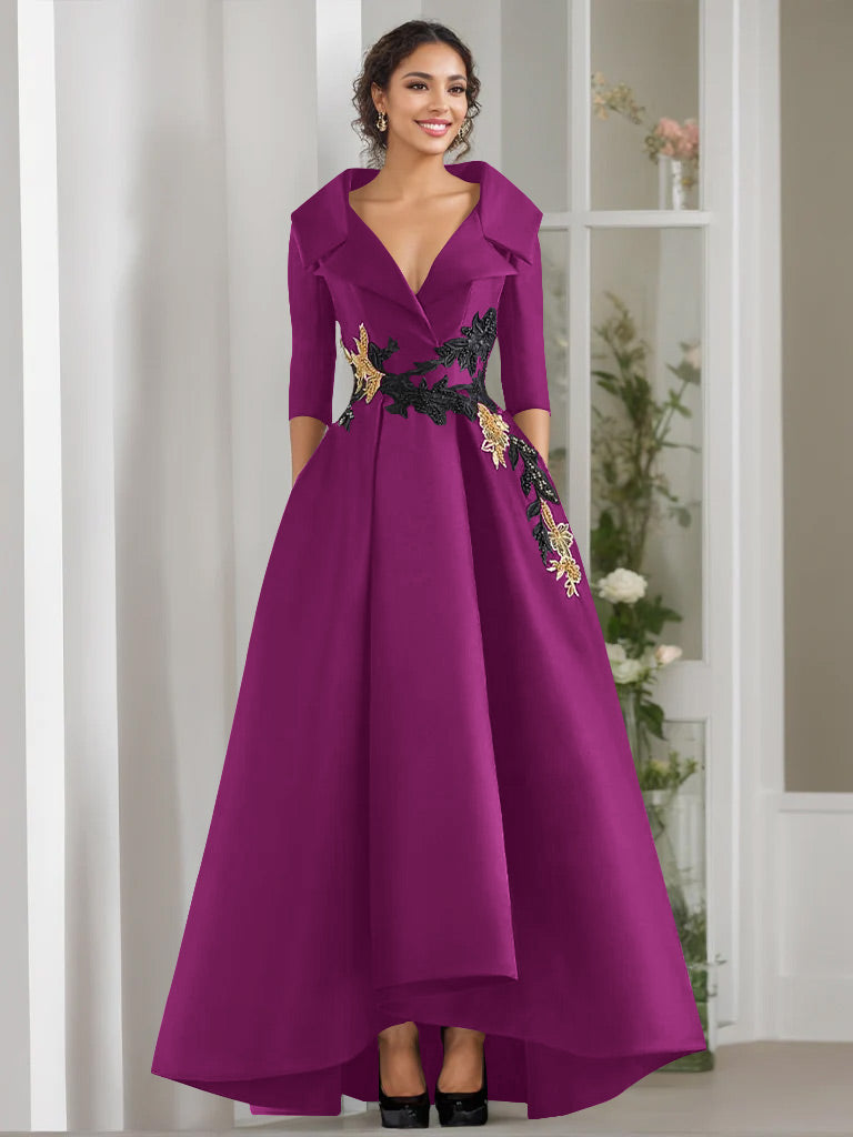 V-Neck A-Line Princess Floor-Length Mother of the Bride Dress with 3/4 Sleeves Appliques and Beading