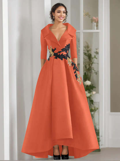 V-Neck A-Line Princess Floor-Length Mother of the Bride Dress with 3/4 Sleeves Appliques and Beading