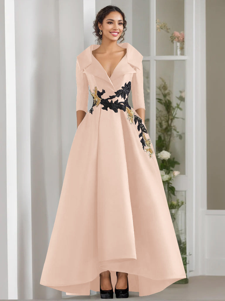 V-Neck A-Line Princess Floor-Length Mother of the Bride Dress with 3/4 Sleeves Appliques and Beading
