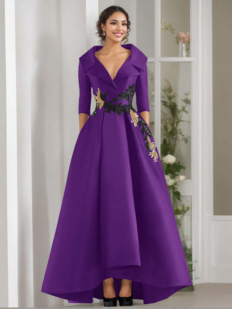V-Neck A-Line Princess Floor-Length Mother of the Bride Dress with 3/4 Sleeves Appliques and Beading