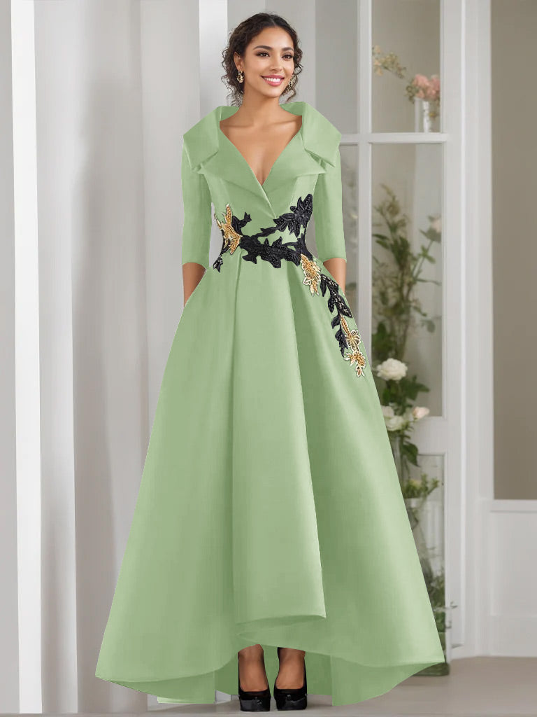 V-Neck A-Line Princess Floor-Length Mother of the Bride Dress with 3/4 Sleeves Appliques and Beading
