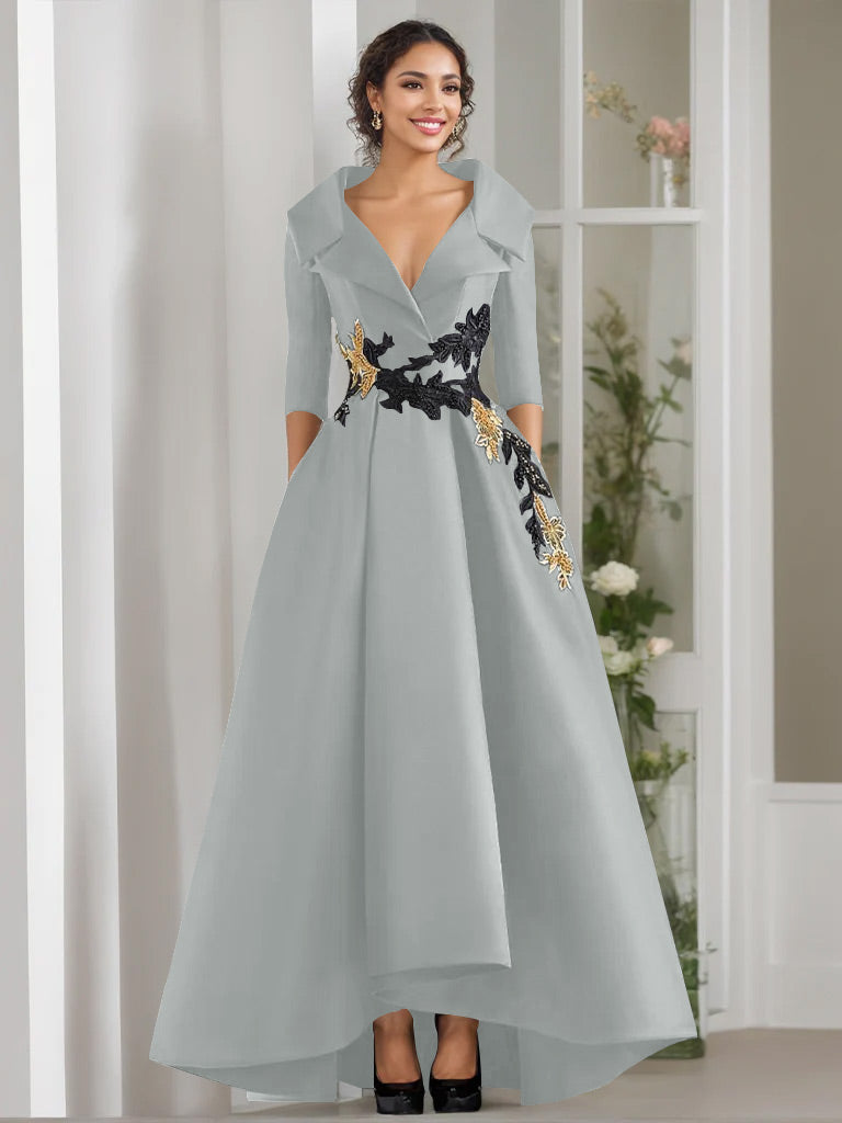 V-Neck A-Line Princess Floor-Length Mother of the Bride Dress with 3/4 Sleeves Appliques and Beading