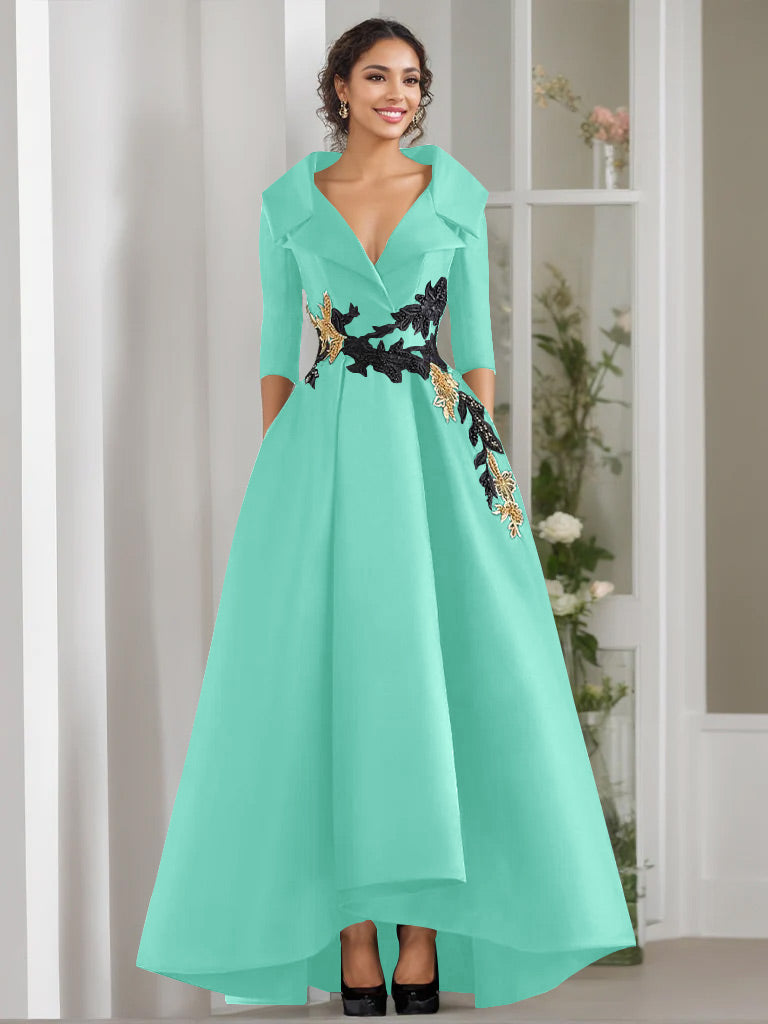 V-Neck A-Line Princess Floor-Length Mother of the Bride Dress with 3/4 Sleeves Appliques and Beading