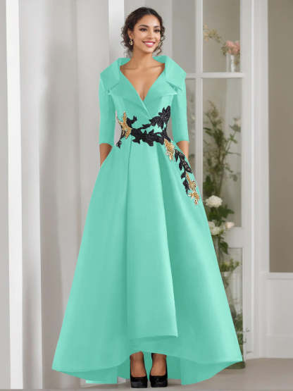 V-Neck A-Line Princess Floor-Length Mother of the Bride Dress with 3/4 Sleeves Appliques and Beading