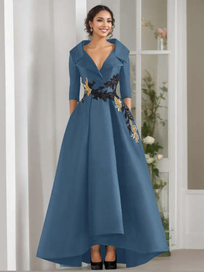 V-Neck A-Line Princess Floor-Length Mother of the Bride Dress with 3/4 Sleeves Appliques and Beading