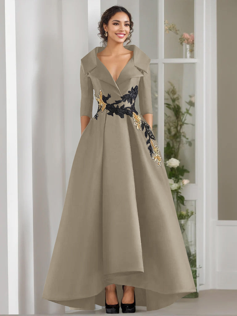 V-Neck A-Line Princess Floor-Length Mother of the Bride Dress with 3/4 Sleeves Appliques and Beading