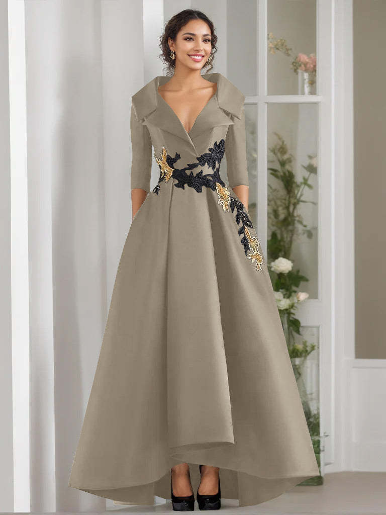 V-Neck A-Line Princess Floor-Length Mother of the Bride Dress with 3/4 Sleeves Appliques and Beading