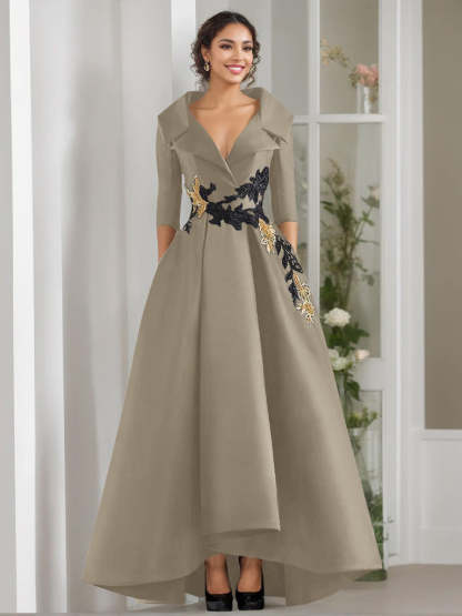V-Neck A-Line Princess Floor-Length Mother of the Bride Dress with 3/4 Sleeves Appliques and Beading