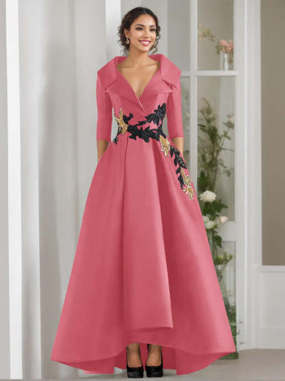 V-Neck A-Line Princess Floor-Length Mother of the Bride Dress with 3/4 Sleeves Appliques and Beading