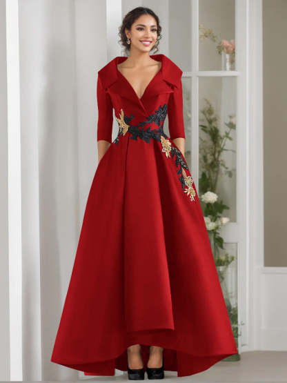 V-Neck A-Line Princess Floor-Length Mother of the Bride Dress with 3/4 Sleeves Appliques and Beading