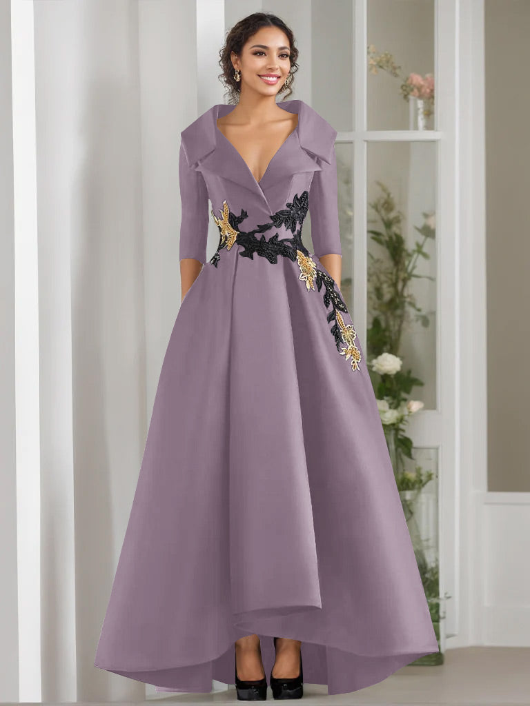 V-Neck A-Line Princess Floor-Length Mother of the Bride Dress with 3/4 Sleeves Appliques and Beading