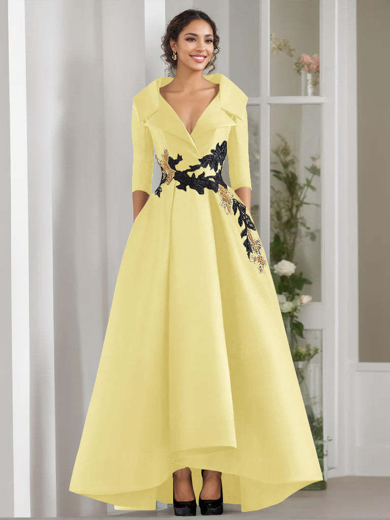 V-Neck A-Line Princess Floor-Length Mother of the Bride Dress with 3/4 Sleeves Appliques and Beading