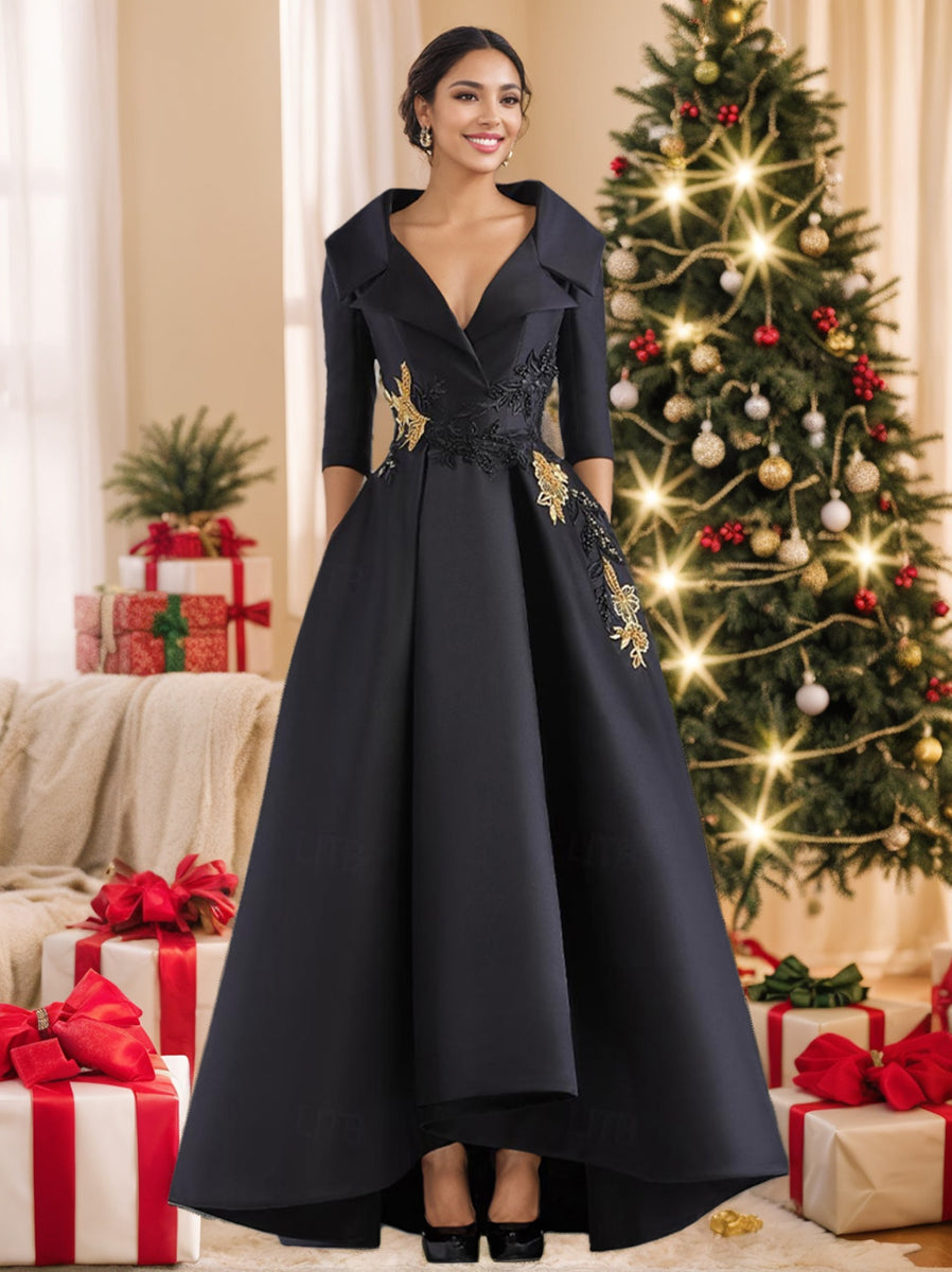 V-Neck A-Line Princess Floor-Length Mother of the Bride Dress with 3/4 Sleeves Appliques and Beading