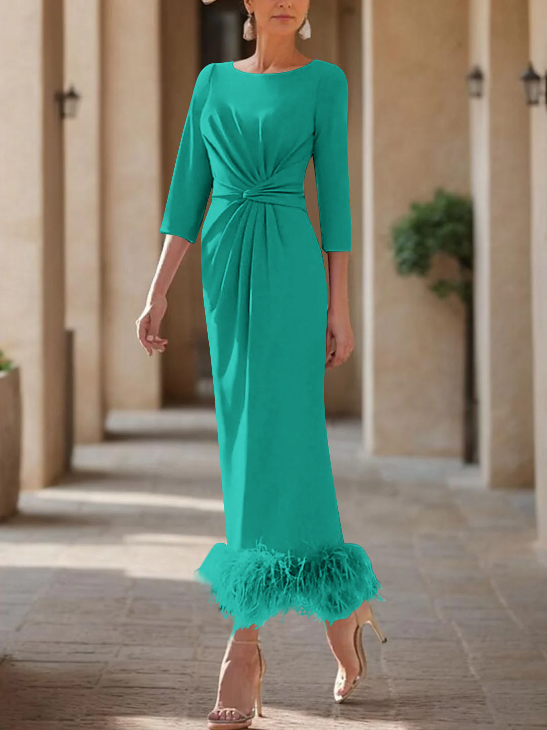 Elegant Feather-Adorned Scoop Neck Ankle-Length Dress for Mothers of the Bride & Groom