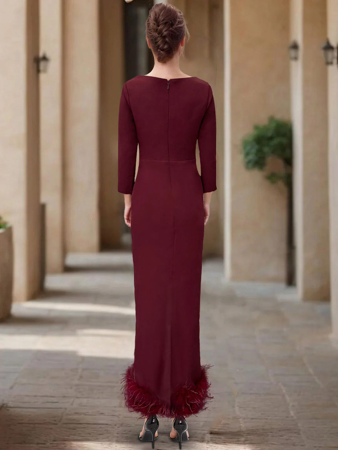 Elegant Feather-Adorned Scoop Neck Ankle-Length Dress for Mothers of the Bride & Groom