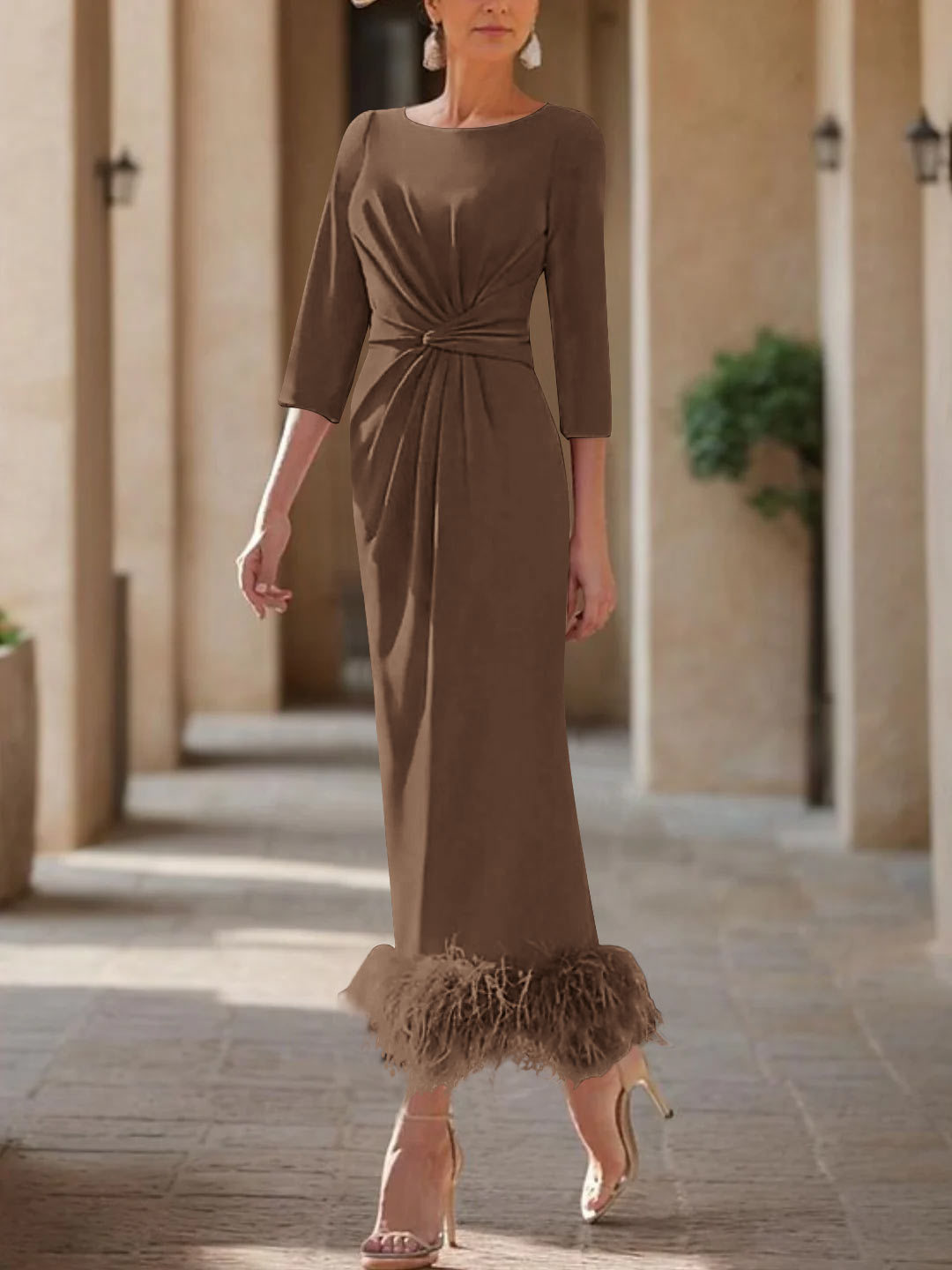 Elegant Feather-Adorned Scoop Neck Ankle-Length Dress for Mothers of the Bride & Groom