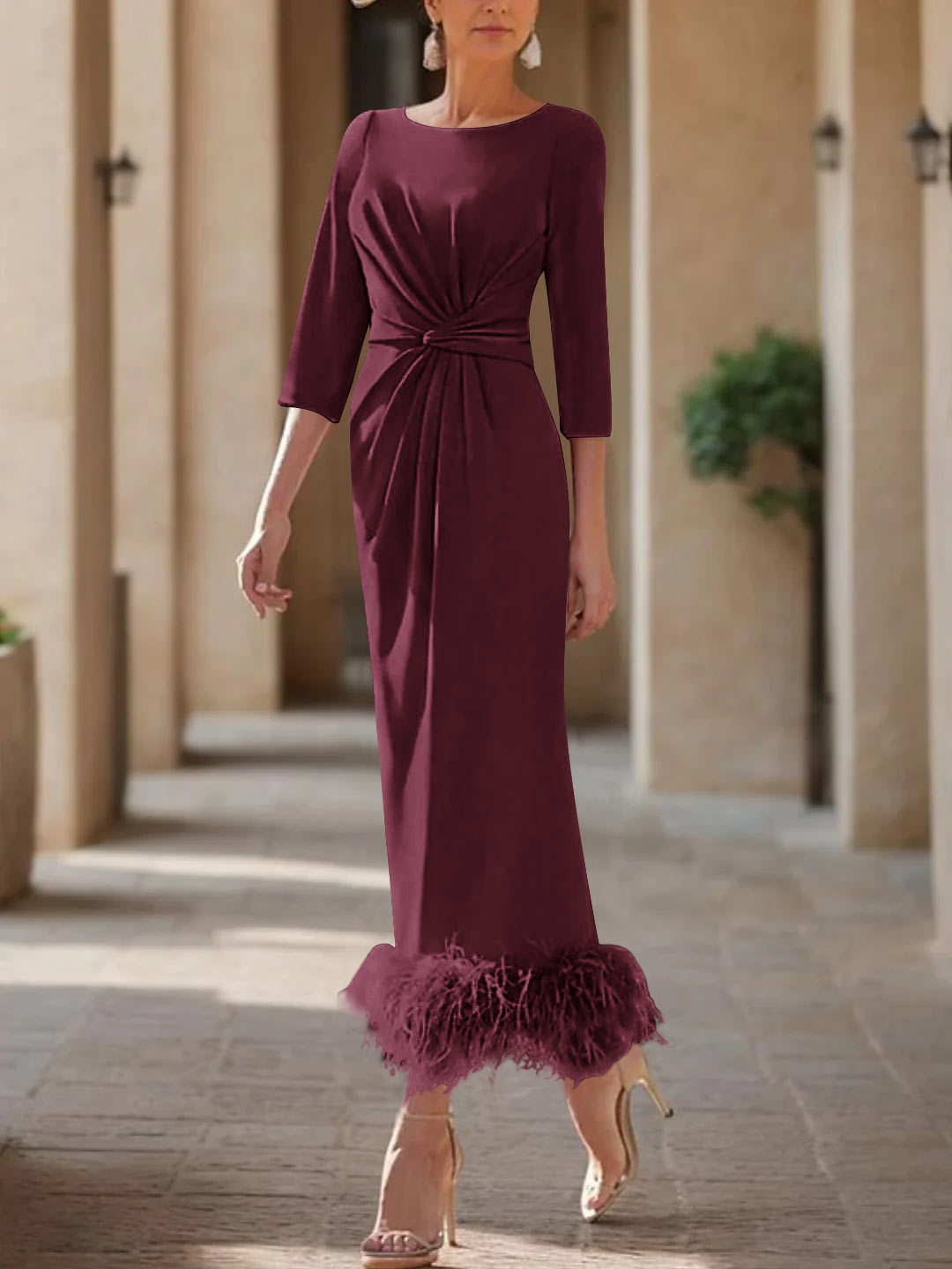 Elegant Feather-Adorned Scoop Neck Ankle-Length Dress for Mothers of the Bride & Groom