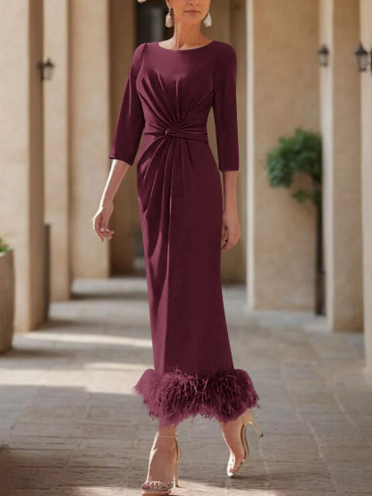 Elegant Feather-Adorned Scoop Neck Ankle-Length Dress for Mothers of the Bride & Groom