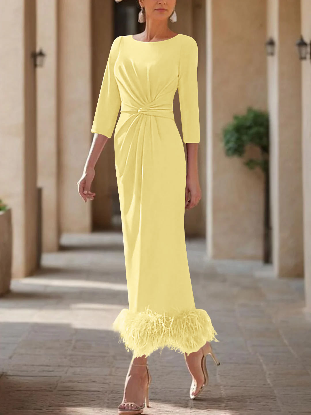 Elegant Feather-Adorned Scoop Neck Ankle-Length Dress for Mothers of the Bride & Groom