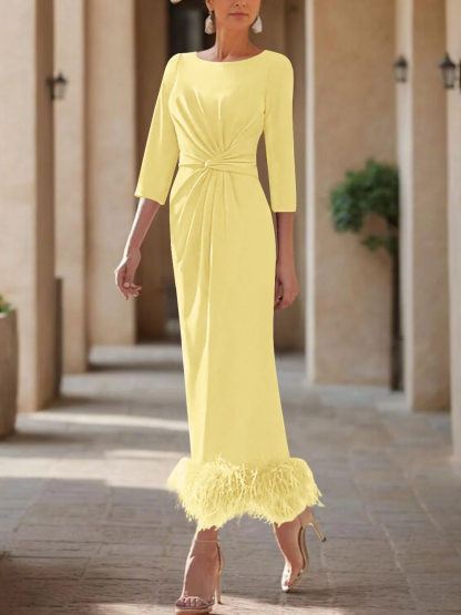 Elegant Feather-Adorned Scoop Neck Ankle-Length Dress for Mothers of the Bride & Groom