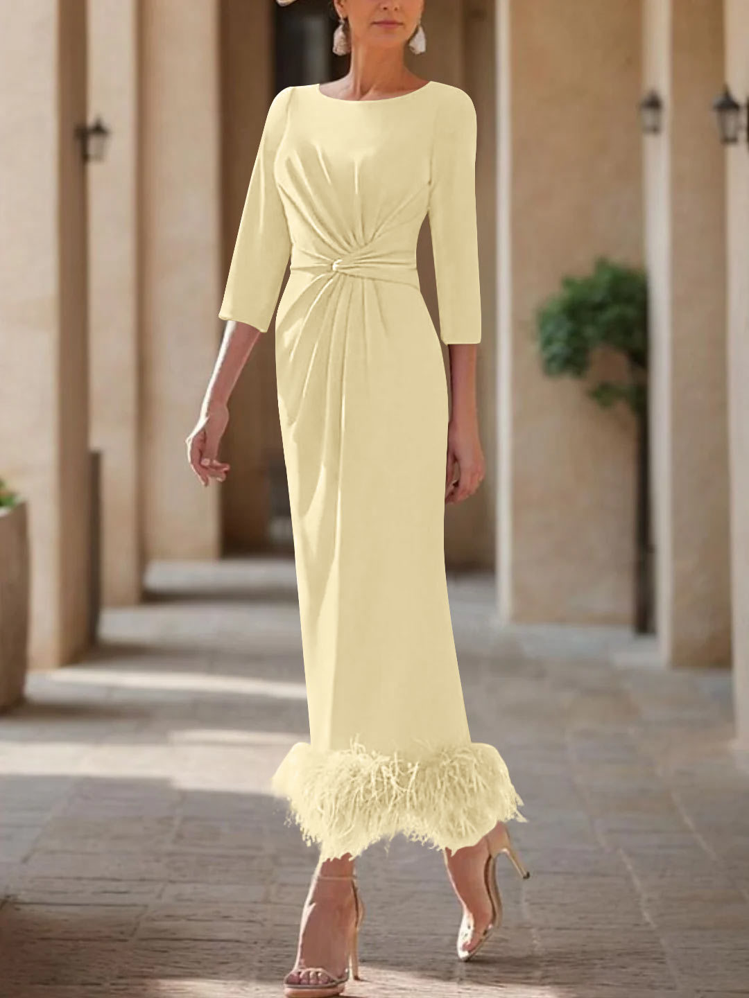 Elegant Feather-Adorned Scoop Neck Ankle-Length Dress for Mothers of the Bride & Groom