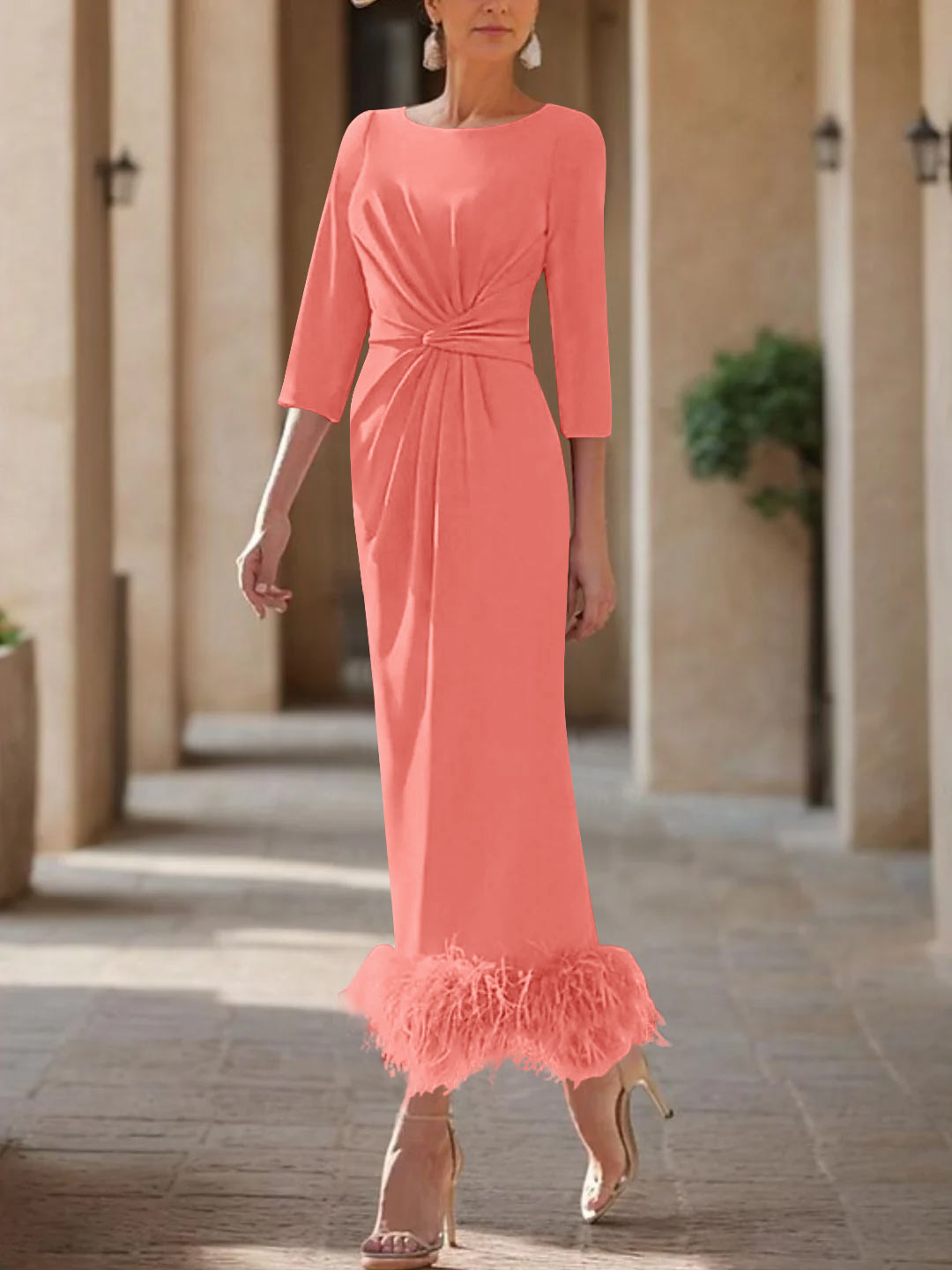 Elegant Feather-Adorned Scoop Neck Ankle-Length Dress for Mothers of the Bride & Groom