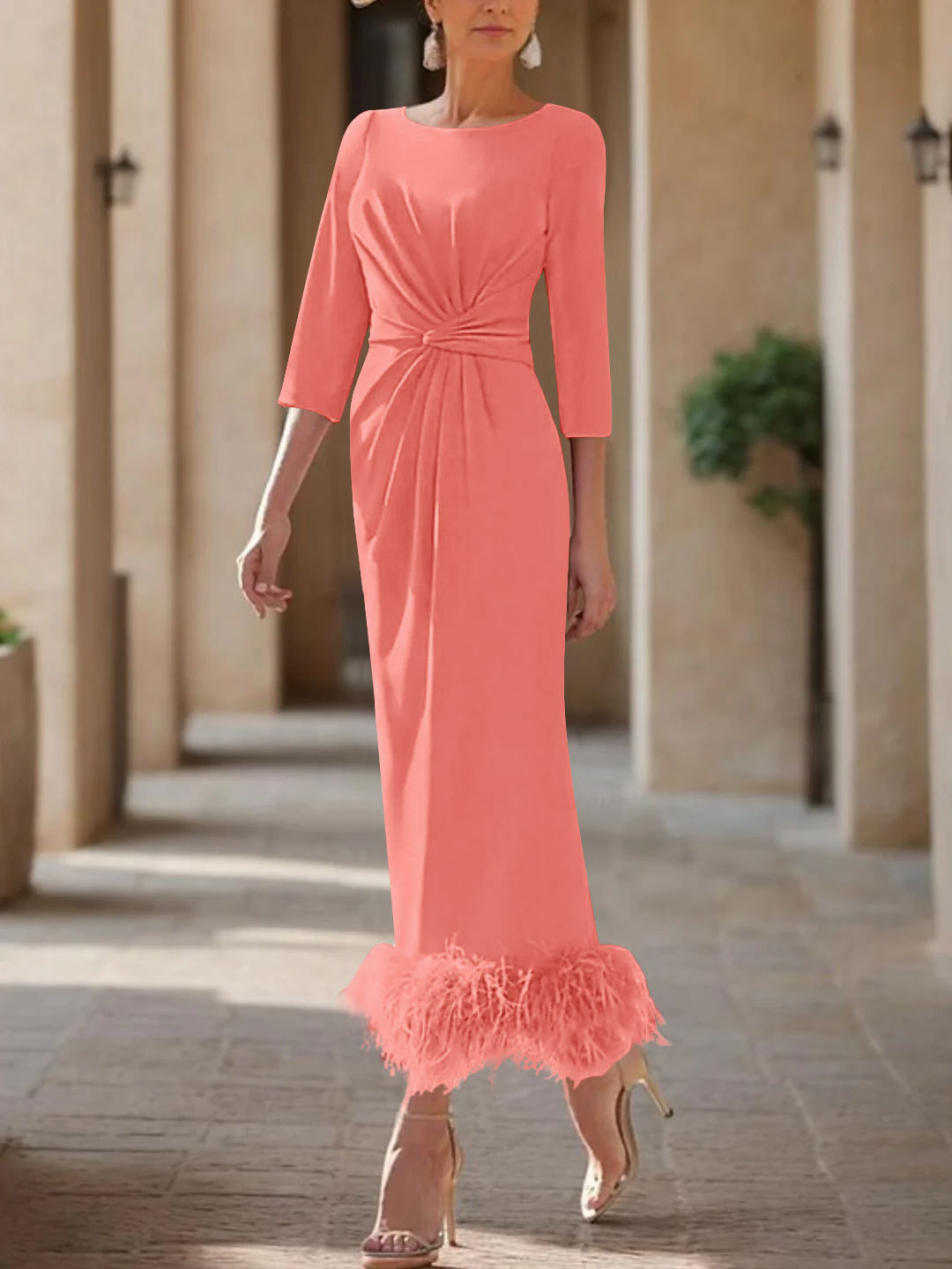 Elegant Feather-Adorned Scoop Neck Ankle-Length Dress for Mothers of the Bride & Groom