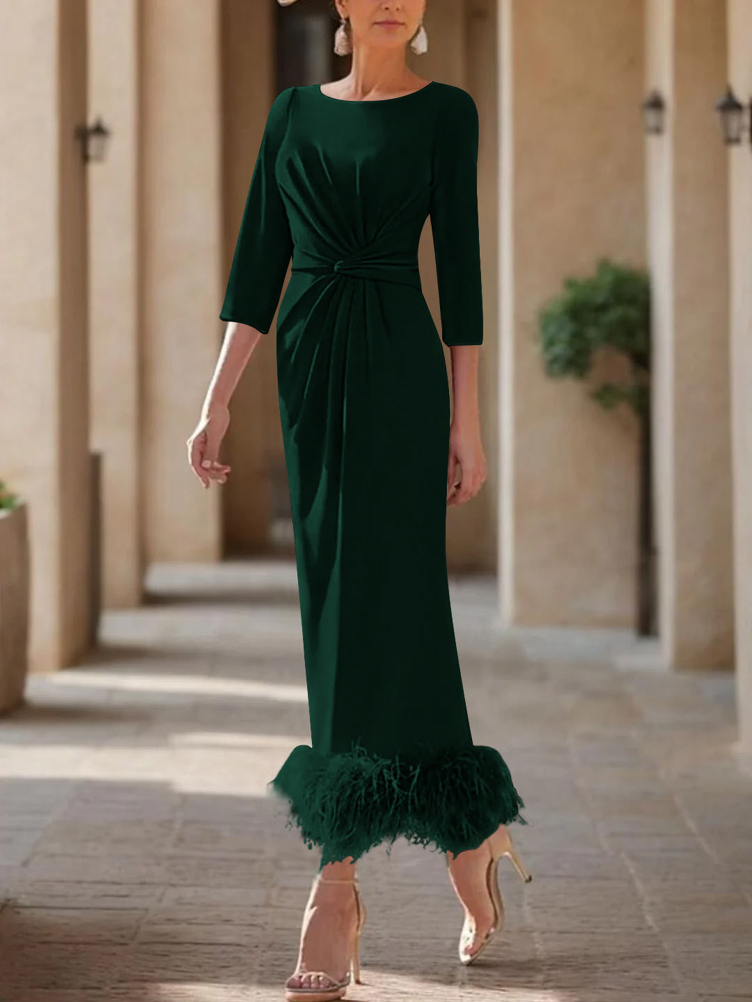Elegant Feather-Adorned Scoop Neck Ankle-Length Dress for Mothers of the Bride & Groom