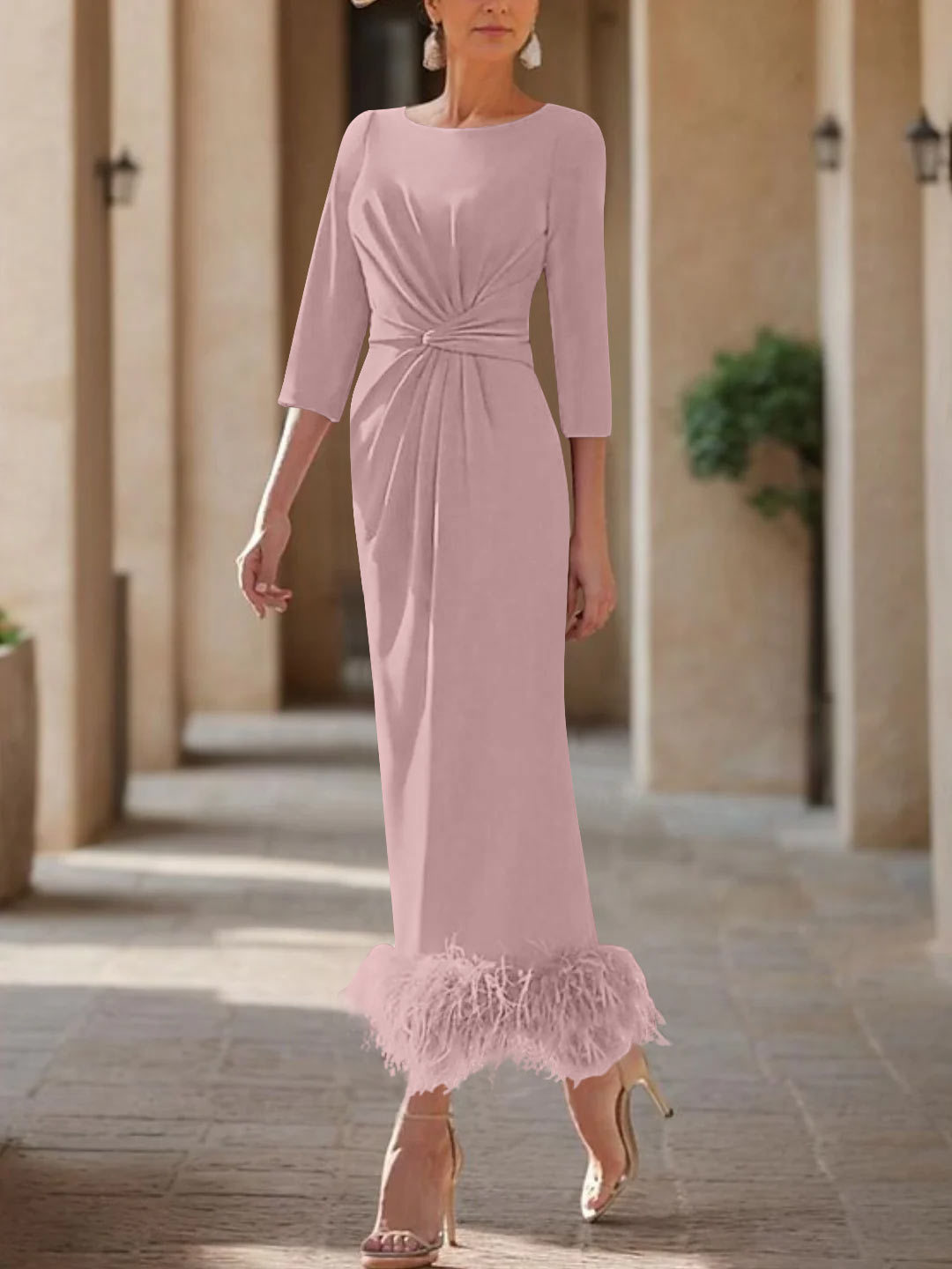 Elegant Feather-Adorned Scoop Neck Ankle-Length Dress for Mothers of the Bride & Groom