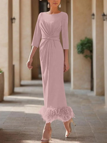 Elegant Feather-Adorned Scoop Neck Ankle-Length Dress for Mothers of the Bride & Groom