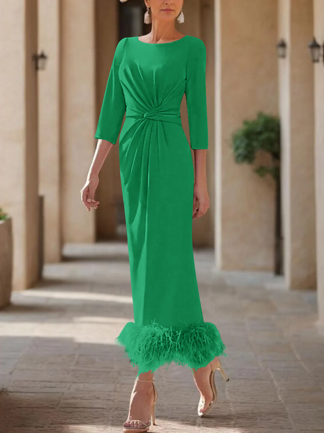 Elegant Feather-Adorned Scoop Neck Ankle-Length Dress for Mothers of the Bride & Groom