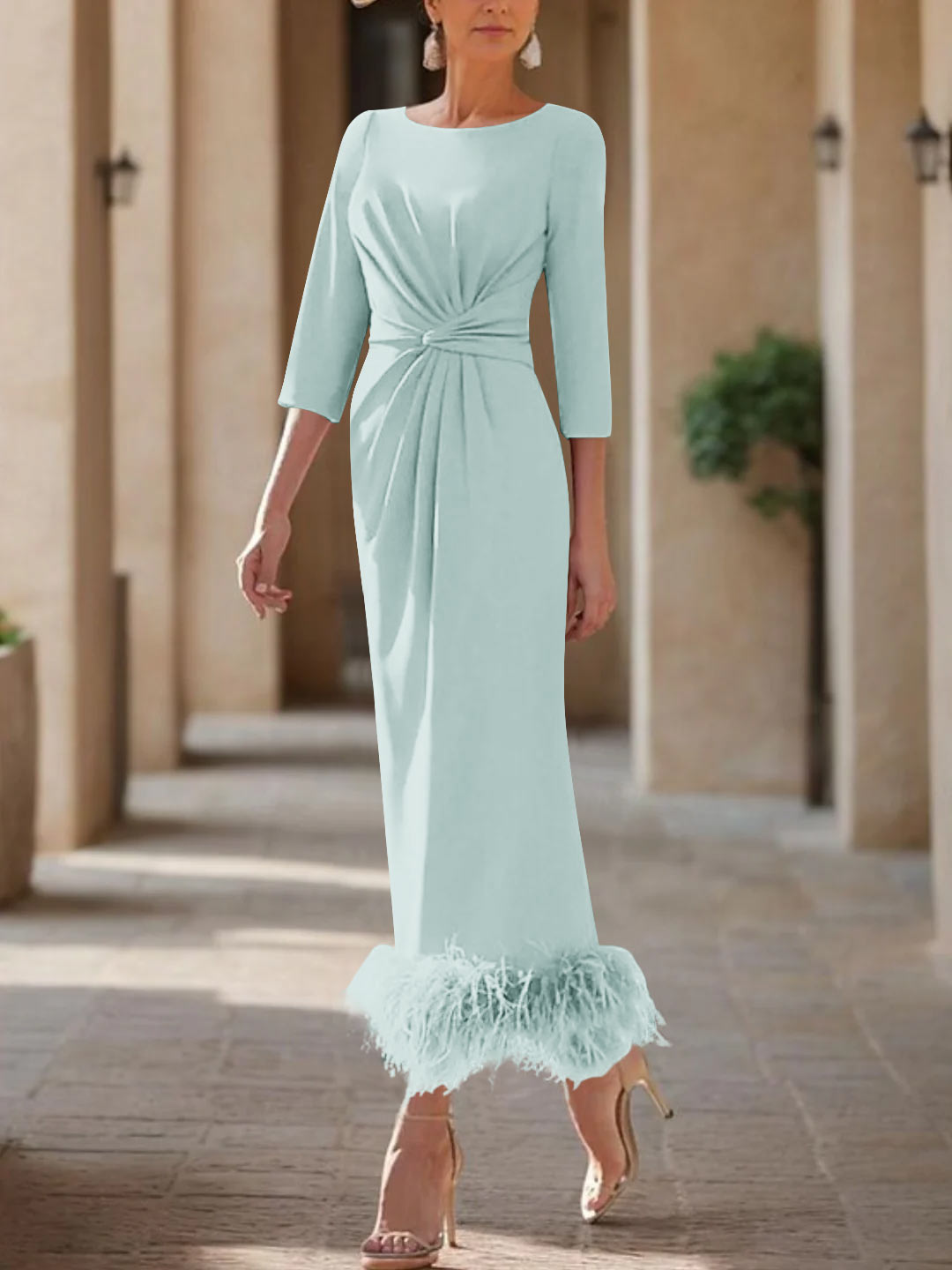 Elegant Feather-Adorned Scoop Neck Ankle-Length Dress for Mothers of the Bride & Groom