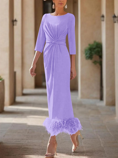Elegant Feather-Adorned Scoop Neck Ankle-Length Dress for Mothers of the Bride & Groom
